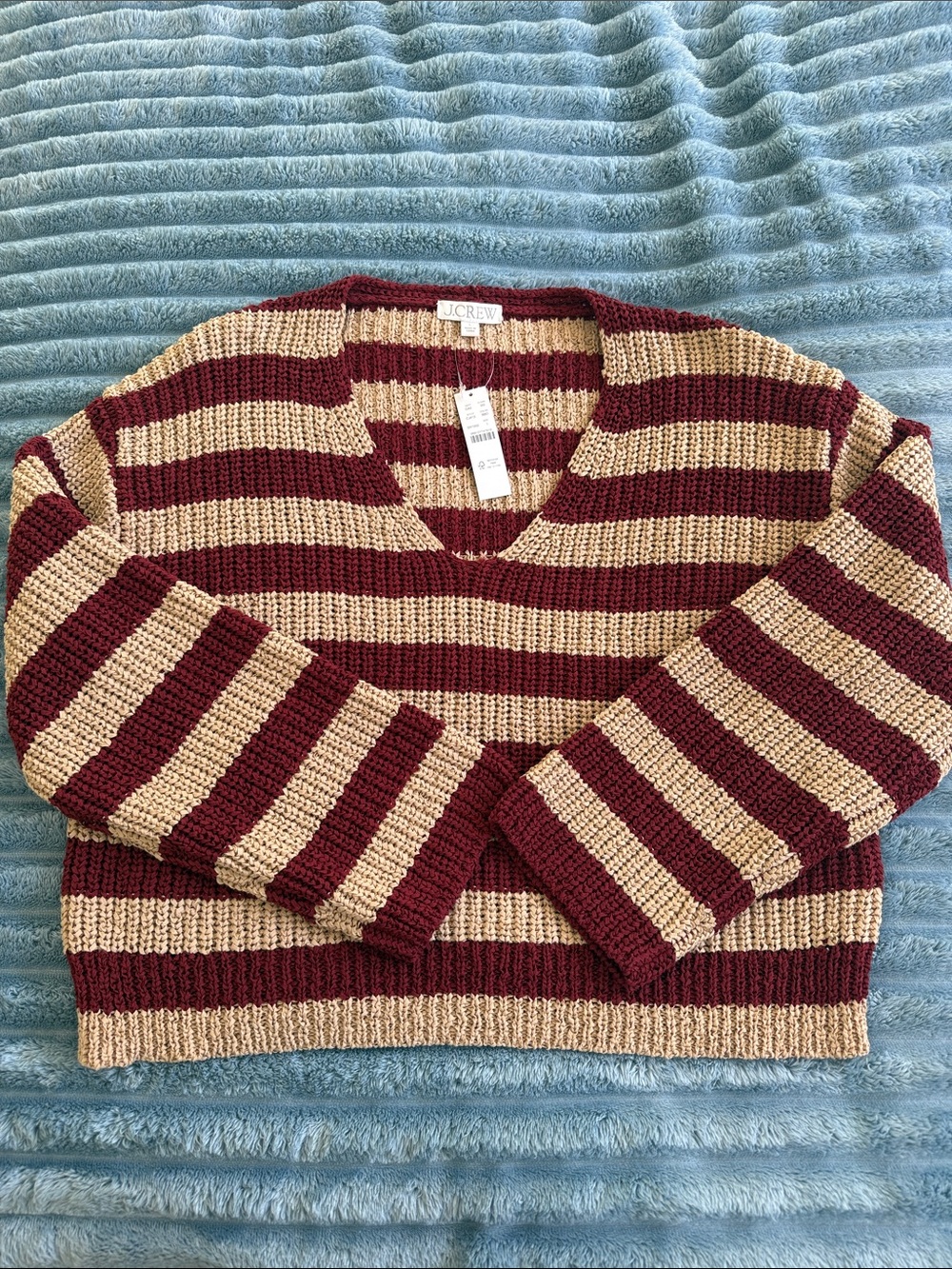 J. Crew Striped Burgundy and Cream V-Neck Sweater